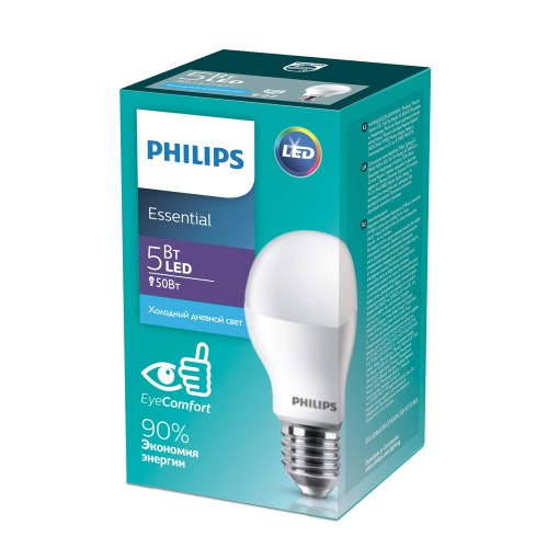 Лампа светодиодная Philips A55, ESS LEDBULB, E27, груша, 5Вт/220-240V/6000К, холодный белый, матовый