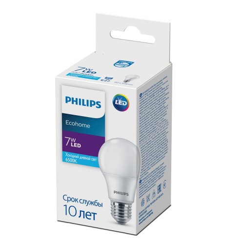 Лампа светодиодная Philips A60, ECOHOME, E27, груша, 7Вт/220-240V/6500К, холодный свет, матовый