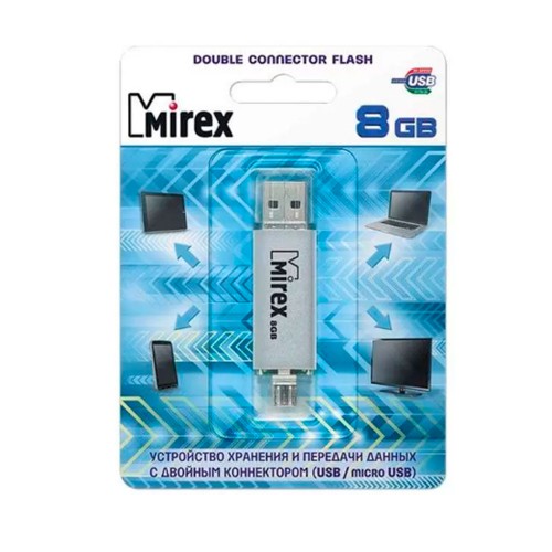 Флеш-накопитель 8Gb Mirex SMART, USB 2.0, пластик, + OTG, micro, серебряный