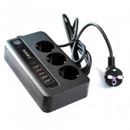 Удлинитель электрический Power Socket BKL-04, 2.0м, 3 розетки, 5 USB, Type-C, 3.4A, выключатель, цвет: серый, чёрная вставка