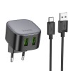 Блок питания сетевой 2 USB HOCO CS34A, Rayo, 18Вт, QC3.0, FCP, AFC, кабель USB - Type-C, 1.0м, цвет: чёрный