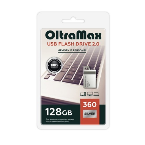 Флеш-накопитель 128Gb OltraMax Mini 360, USB 2.0, металл, серебряный