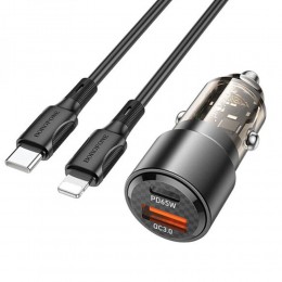 Блок питания автомобильный 1 USB, Type-C Borofone BZ20A, Smart, PD, QC, кабель Type-C-8-pin, цвет: чёрный