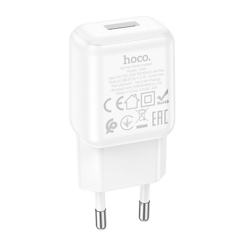 Блок питания сетевой 1 USB HOCO, C96A, 2100mA, пластик, кабель USB - микро USB, 1.0м, цвет: белый