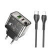 Блок питания сетевой USB, Type-C HOCO N34, Dazzling, QC3.0, PD 20Вт, кабель Type-C-8-pin, цвет: чёрный, прозрачный