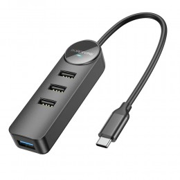 USB-концентратор Borofone DH5, Erudite 4-in-1, 4 гнезда, 4xUSB 2.0, кабель Type-C 0.2м, цвет: чёрный