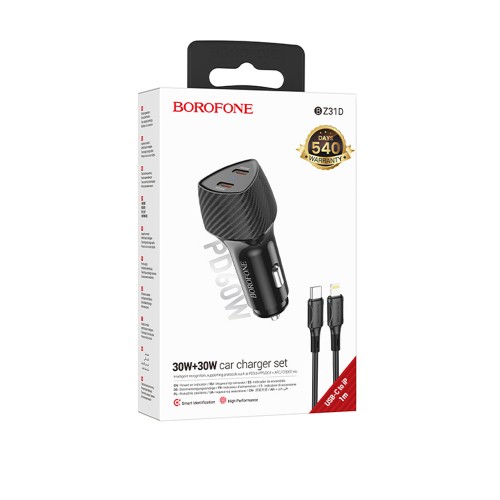 Блок питания автомобильный 2 Type-C Borofone BZ31D, Solid, PD 60Вт, кабель 8 pin, 1.0 м, цвет: черный