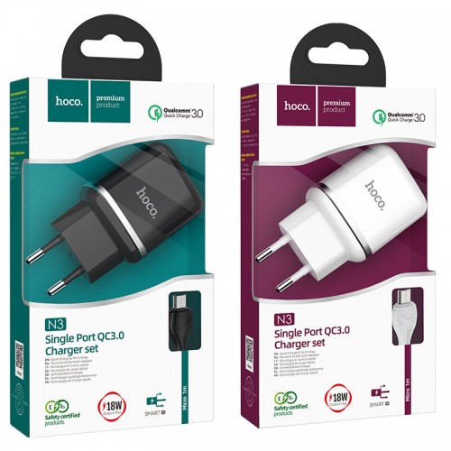 Блок питания сетевой 1 USB HOCO N3, Special single, 3000mA, QC3.0, кабель микро USB, цвет: белый