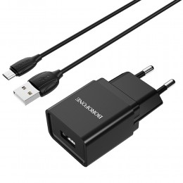 Блок питания сетевой 1 USB Borofone BA19A, Nimble, 1000mA, кабель микро USB, цвет: чёрный