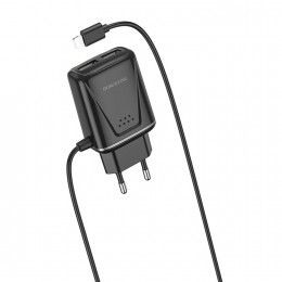 Устройство зарядное сетевое 8 pin, 2 USB Borofone, BA50A, 2100mAh, цвет: чёрный
