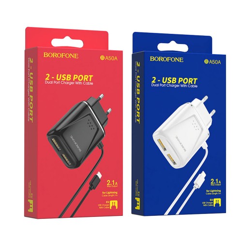 Зарядное устройство Borofone BA50A, 2 USB, 2100mAh, чёрное

