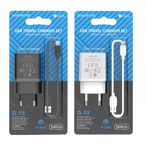 Блок питания Borofone BA52A 1 USB, 2100mA, чёрный, Type-C
