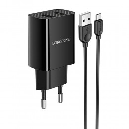 Блок питания сетевой 2 USB Borofone BA53A, Powerway, 2100mA, кабель микро USB, цвет: чёрный
