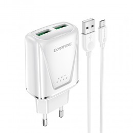 Блок питания сетевой 2 USB Borofone BA54A, Wide, 2400mA, QC3.0, кабель микро USB, цвет: белый
