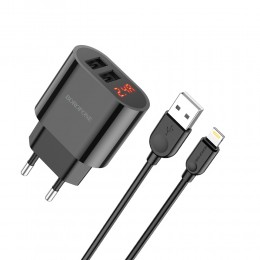 Блок питания сетевой 2 USB Borofone BA63A, Richy, 2400mA, кабель 8 pin, цвет: чёрный
