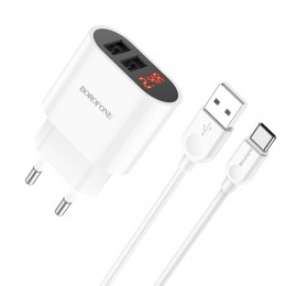 Блок питания сетевой 2 USB Borofone BA63A, Richy, 2400mA, кабель Type-C, цвет: белый
