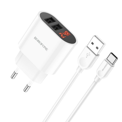 Блок питания 2 USB Borofone BA63A, 2400mA, белый, Type-C
