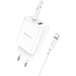 Блок питания сетевой 1 USB, Type-C Borofone BN4, 3000mA, 18Вт, QC3.0, QC2.0, FCP, SCP, AFC, PD3.0, кабель 8 pin - Type-C, цвет: белый
