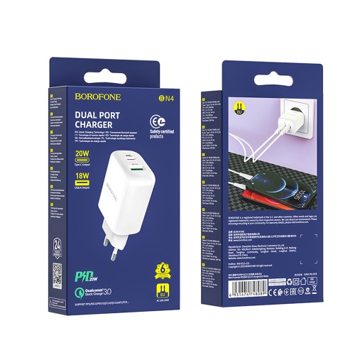 Блок питания Borofone BN4: 1 USB, 1 Type-C, 3000mA, QC3.0, белый
