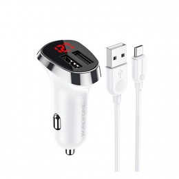 Блок питания автомобильный 2 USB Borofone BZ15, Auspicious, 2400mA, 12Вт, кабель микро USB, цвет: белый

