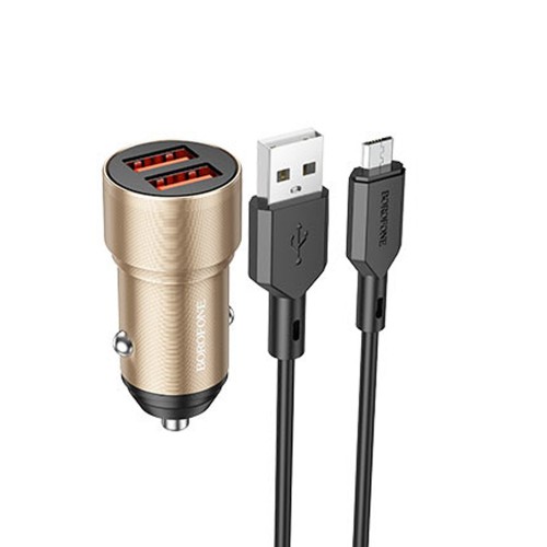 Блок питания автомобильный 2 USB Borofone BZ19, Wisdom, 12Вт, кабель микро USB, цвет: золотой