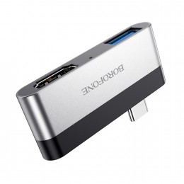 USB-концентратор Borofone DH2, 2 гнезда, 1xUSB3.0, 1xHDMI, цвет: серый