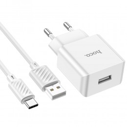 Блок питания сетевой 1 USB HOCO C106A, 2100mA, кабель Type-C, цвет: белый