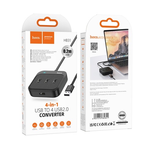 USB-концентратор HOCO HB31, Easy, 4 гнезда, кабель 0.2м, USB 3.0, цвет: чёрный