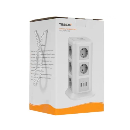 Сетевой фильтр TESSAN TPS01-DE, 11 розеток, 3 USB, чёрный
