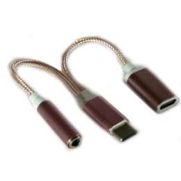 Переходник Type-C(m) - Jack 3,5mm(f), Type C(f) без бренда GL067, круглый, плетёный , цвет: розовое золото
