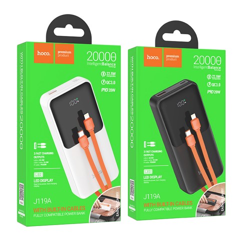 Аккумулятор внешний HOCO J119A, Sharp charger, 20000mAh, PD20W, кабель 8 pin, Type-C, цвет: белый