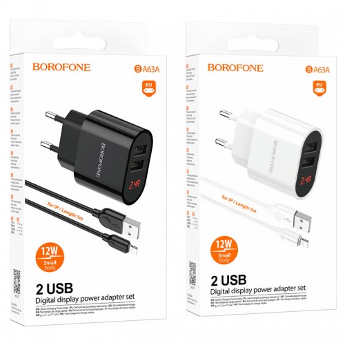 Блок питания сетевой 2 USB Borofone BA63A, Richy, 2400mA, кабель 8 pin, цвет: чёрный