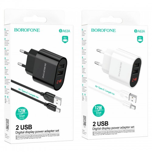 Блок питания сетевой 2 USB Borofone BA63A, Richy, 2400mA, кабель Type-C, цвет: белый