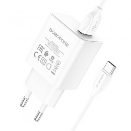 Блок питания сетевой 1 USB Borofone BA66A, 3000mA, QC3.0, кабель USB - Type-C, 1.0м, цвет: белый