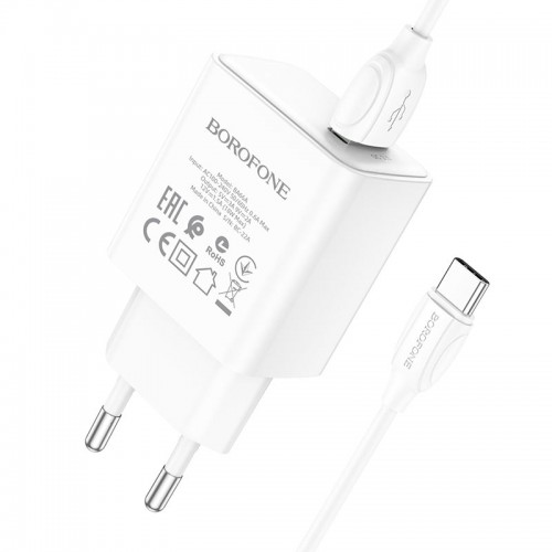 Блок питания сетевой 1 USB Borofone BA66A, 3000mA, QC3.0, кабель USB - Type-C, 1.0м, цвет: белый