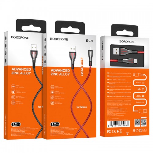 Кабель USB - микро USB Borofone BU23 Highway, 1.2м, круглый, 2.4A, нейлон, цвет: красный