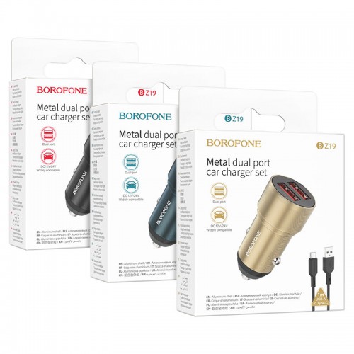 Блок питания автомобильный 2 USB Borofone BZ19B, Wisdom, кабель USB - Type-C, цвет: золотой