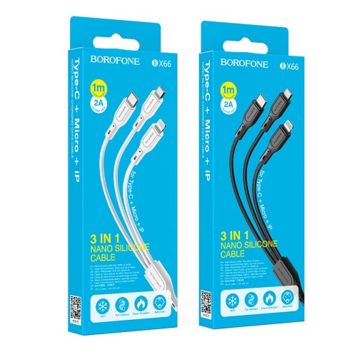 Кабель USB - 8 pin, Type-C, микро USB Borofone BX66 Wide, 1.0м, 2.0A, цвет: чёрный