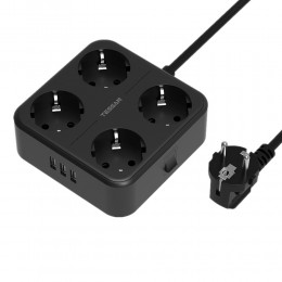 Сетевой фильтр TESSAN TS-302, 1.5м, 2.4A, 4 розетки, с заземлением, кнопка питания, 3 USB выхода, цвет: чёрный
