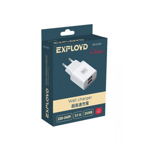 Блок питания сетевой 2 USB Exployd EX-Z-611, Classic, 1000mA, 2100mA, цвет: белый