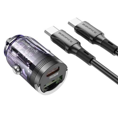 Блок питания автомобильный USB, Type-C Borofone BZ29A, 5V, 3.0A, 36Вт, PD, QC 3.0, FCP, AFC, кабель Type-C, Type-C, 1.0м, цвет: фиолетовый, прозрачный