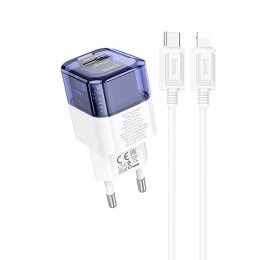 Блок питания сетевой USB, Type-C HOCO C131A, Platinum, PD, QC, FCP, AFC, кабель 8 pin, 1.0м, цвет: синий, прозрачный