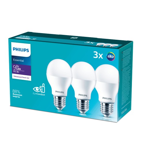 Лампа светодиодная Philips A55, ESSENTIAL, E27, груша, 9Вт/220-240V/4000К, нейтральный белый, матовый, 3 шт/уп