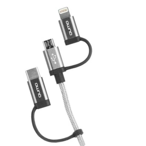 Кабель USB - 8 pin, Type-C, микро USB Qumo, 1.0м, круглый, 2.4A, ткань, в переплёте, цвет: серебряный