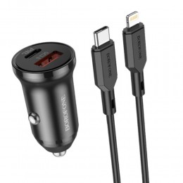 Блок питания автомобильный 1 USB, Type-C Borofone BZ18A, PD, QC, FCP, AFC, кабель Type-C, 8 pin, цвет: чёрный