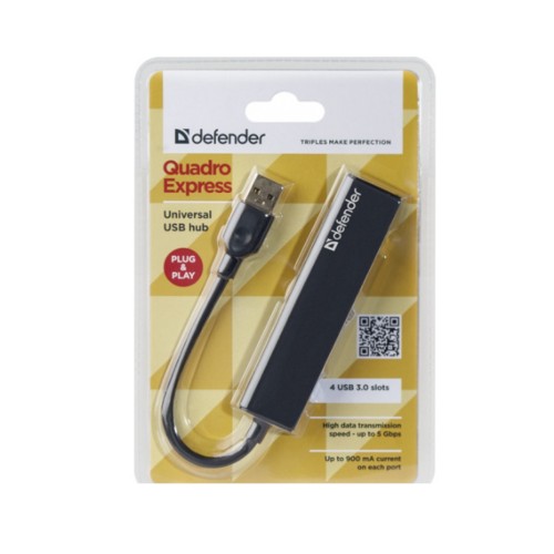 USB-концентратор Defender, Quadro Express, 4 гнезда, 1 USB выход, цвет: чёрный