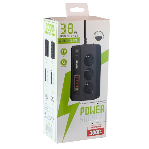 Удлинитель электрический Power Socket BKL-04, 2.0м, 3 розетки, Type-C, 1 USB QC3.0, 4 USB 3,4A, выключатель, PD20W, цвет: серый