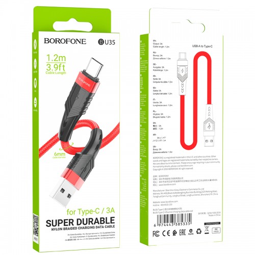 Кабель USB - Type-C Borofone BU35, 1.2м, круглый, 3.0A, нейлон, цвет: красный