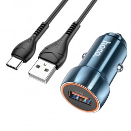 Блок питания автомобильный USB HOCO Z46, Blue shield, 18Вт, QC, AFC, FCP, кабель USB - Type-C, 1.0м, цвет: синий