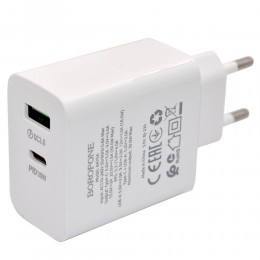 Блок питания сетевой 1 USB, Type-C Borofone BA75A, Source, 30Вт, PD/ QC/ FCP/ AFC, кабель Type-C-Type-C, цвет: белый